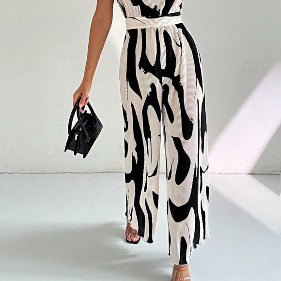 Black and White Casual Women's Elegant Commuting Loose Long Jumpsuit - Picture 7 of 7